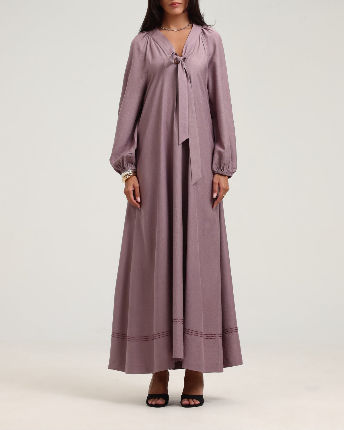 Long Sleeve V Neck Kaftan - Dusty Pink