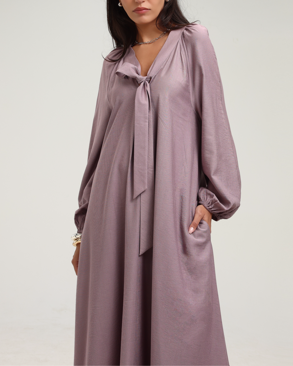 Long Sleeve V Neck Kaftan - Dusty Pink