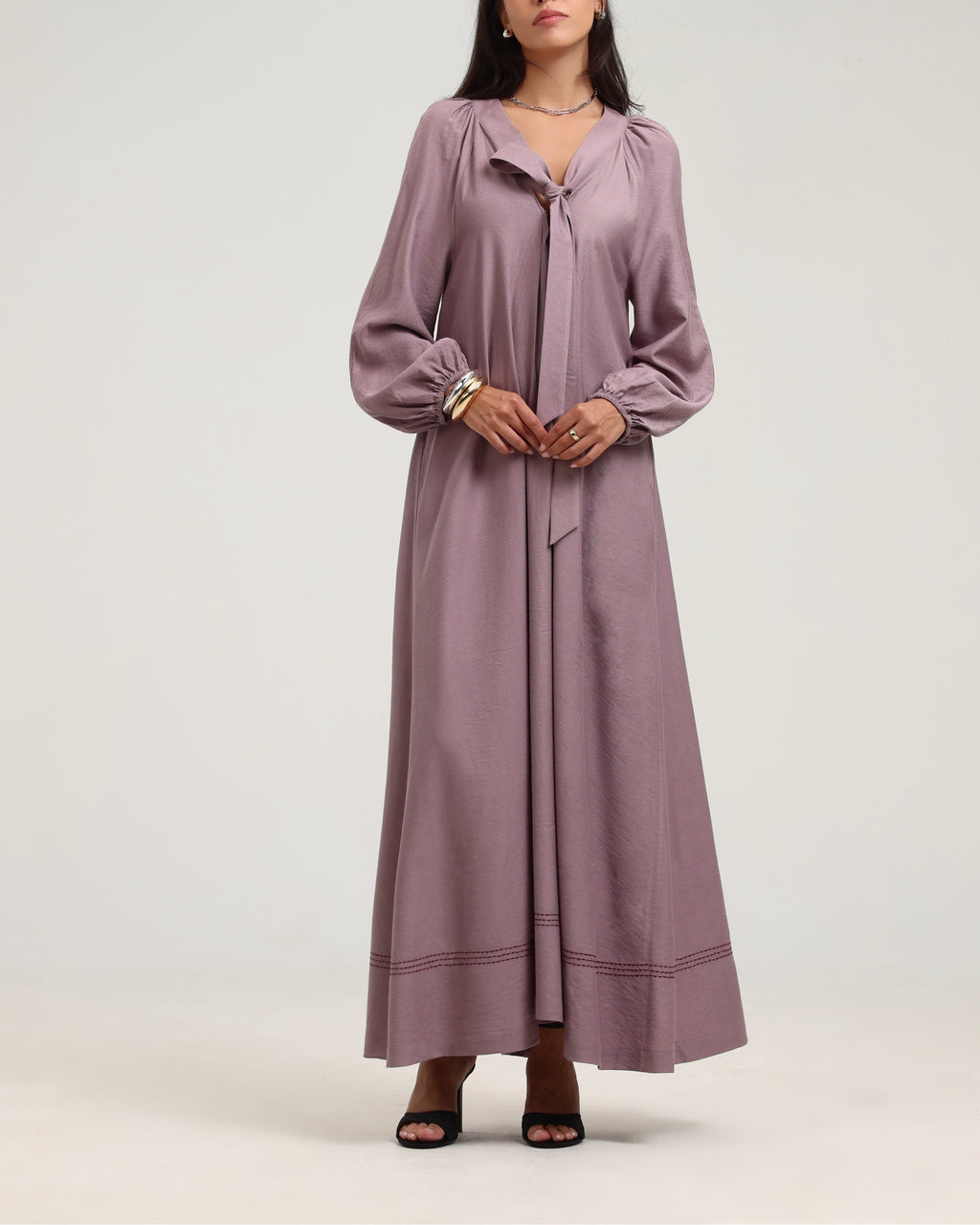 Long Sleeve V Neck Kaftan - Dusty Pink