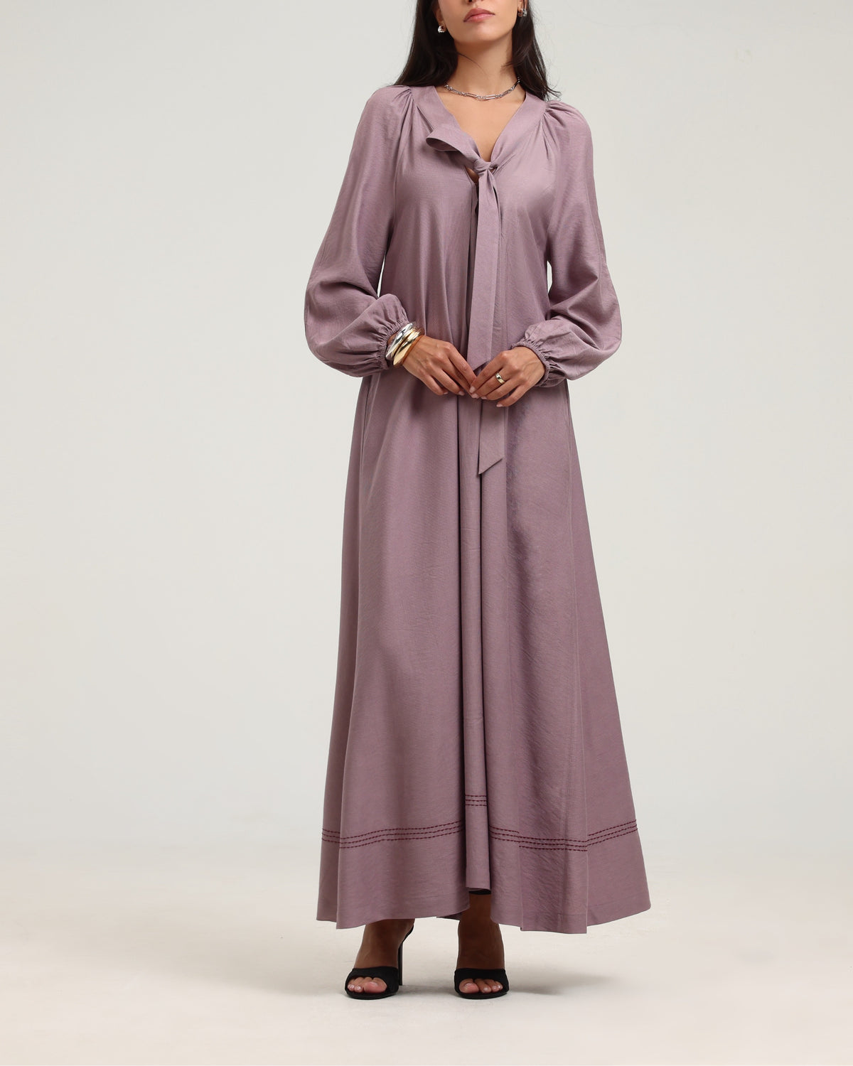 Long Sleeve V Neck Kaftan - Dusty Pink