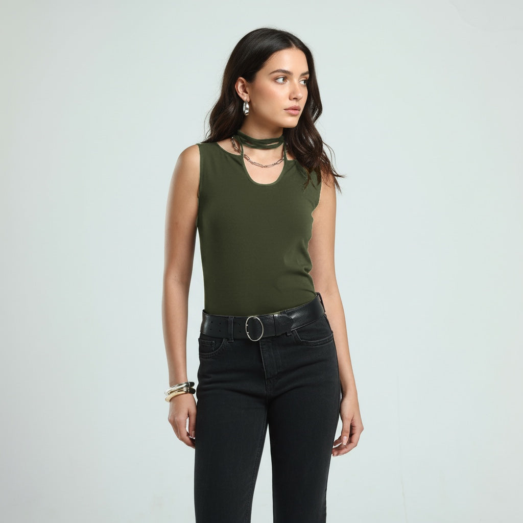 Neck Tie Tank Top - Olive