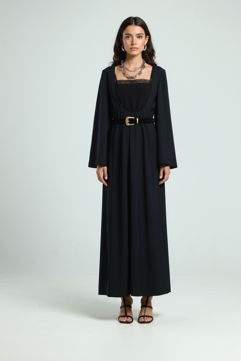Open Front Kaftan - Black