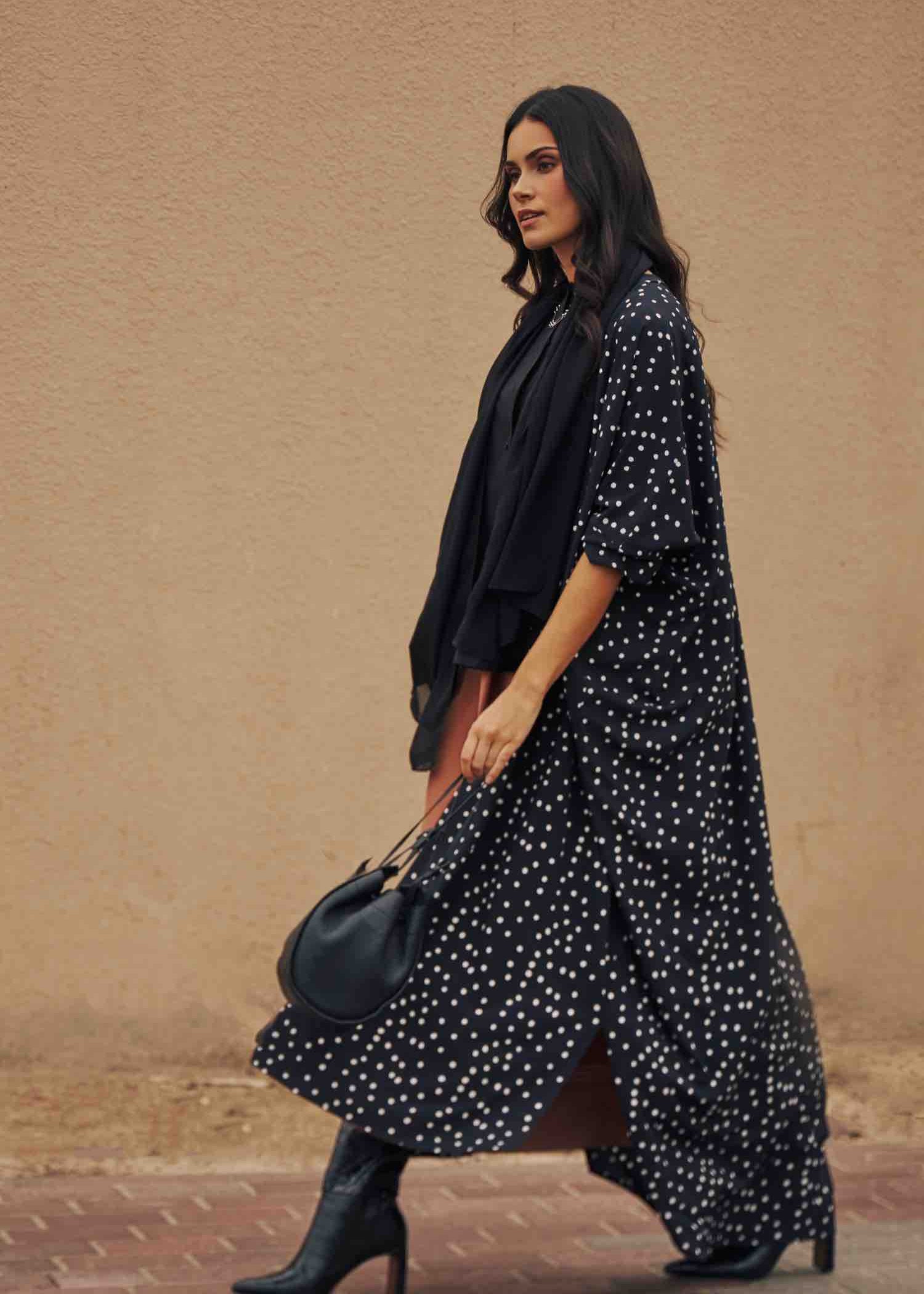 Polka Dots Print Abaya - Black