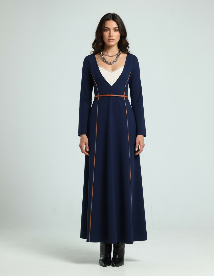 فستان بياقة V - كحلي