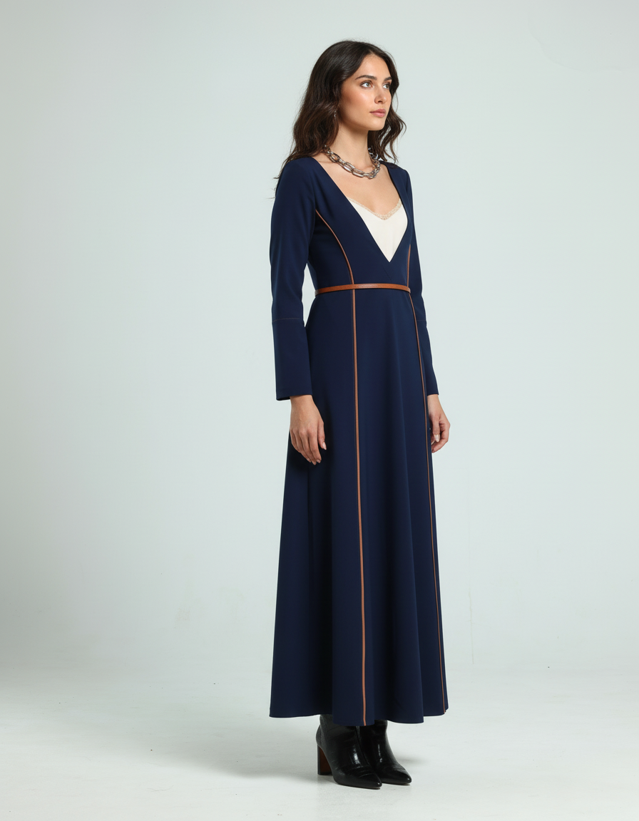 فستان بياقة V - كحلي