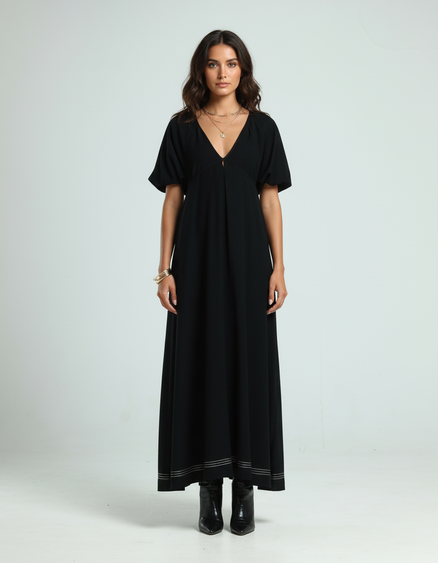 قفطان بياقة V - أسود