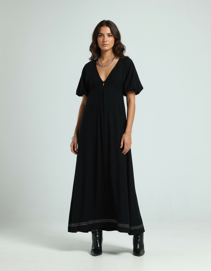 قفطان بياقة V - أسود