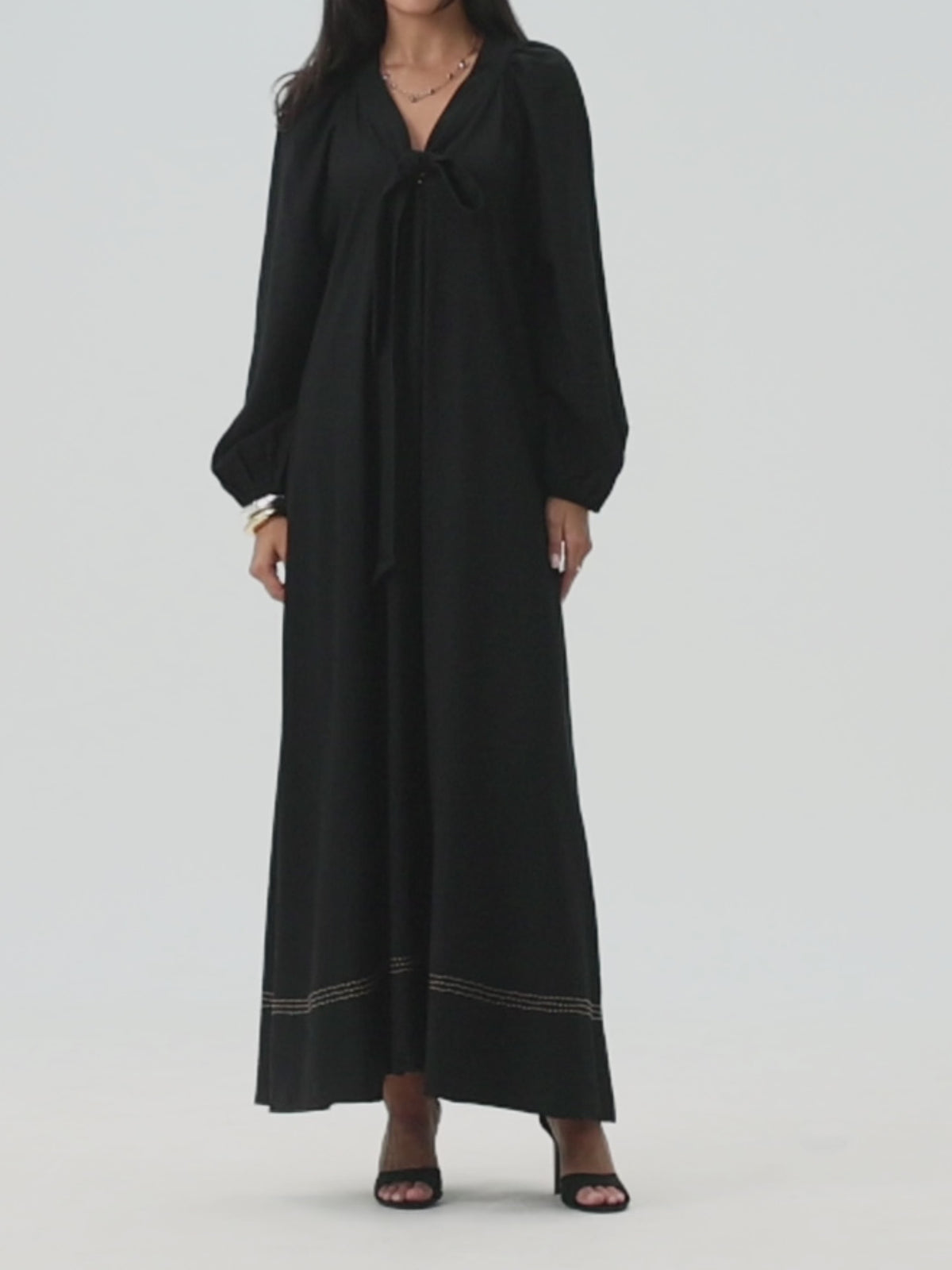 Long Sleeve V Neck Kaftan - Black