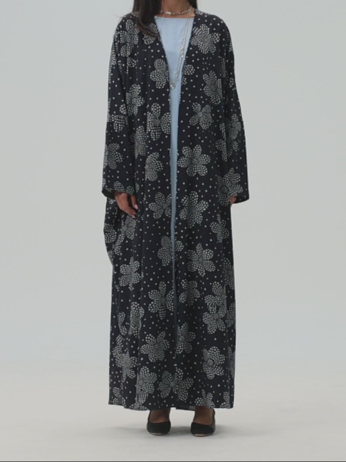 Dotted Floral Print Abaya- Navy