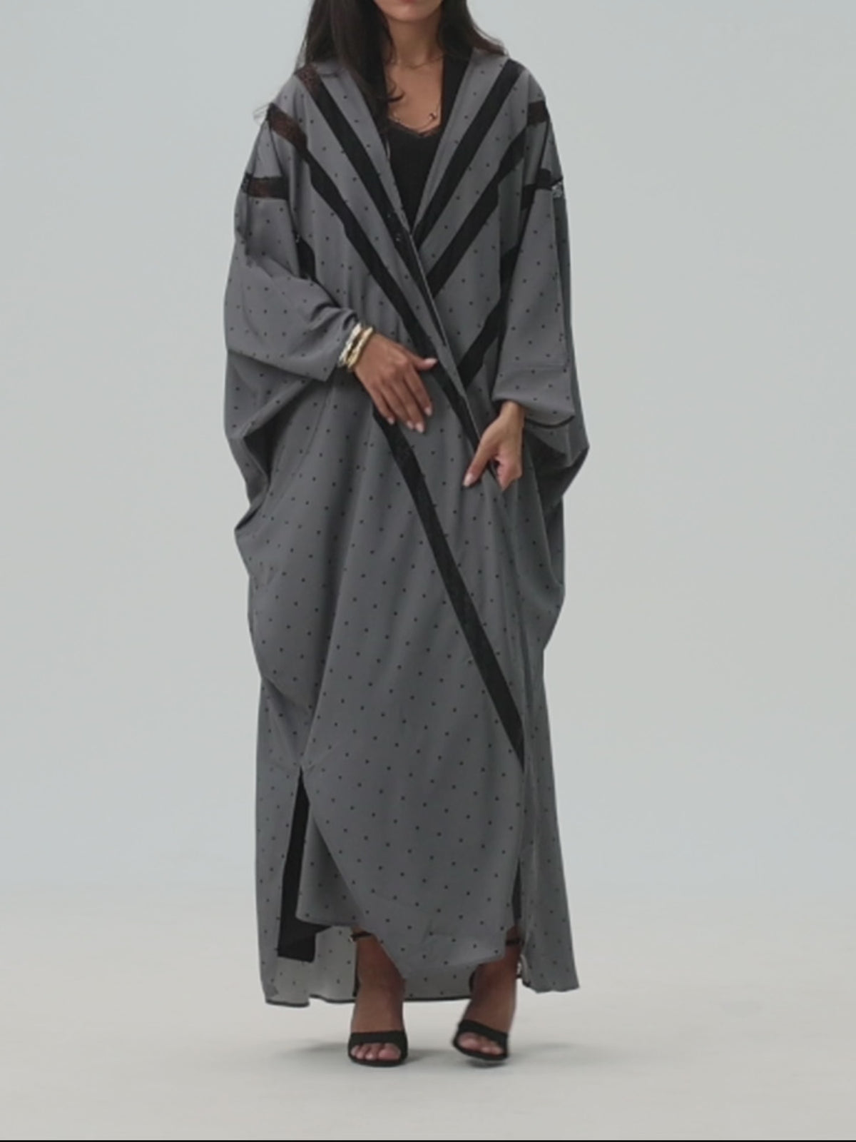 Polka Dot Print Signature Bisht - Grey